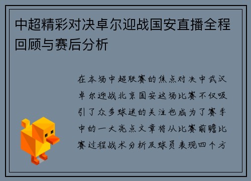 中超精彩对决卓尔迎战国安直播全程回顾与赛后分析